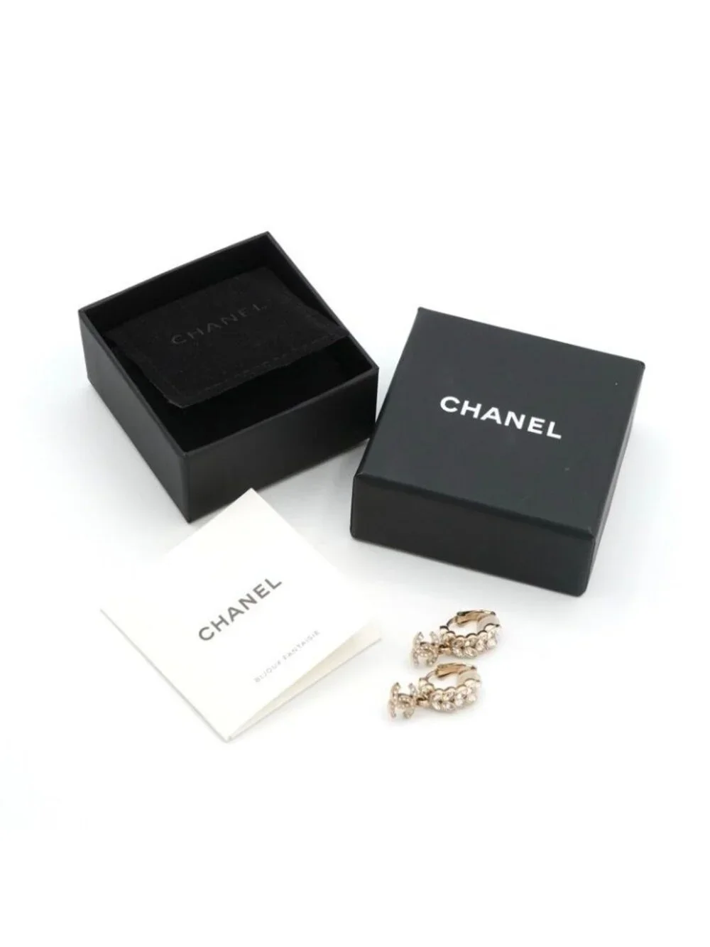 Chanel Earrings Gold CC Logo Rhinestone Leaf Motif